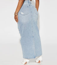 Denim Distressed Maxi Skirt