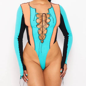 Lace Up Contrast Bodysuit