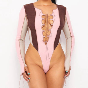 Lace Up Contrast Bodysuit